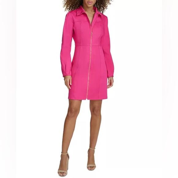 Siena Women's Stretch Denim Zip-Front Long-Sleeve Dress Hot Pink Sz 6 - Picture 1 of 8